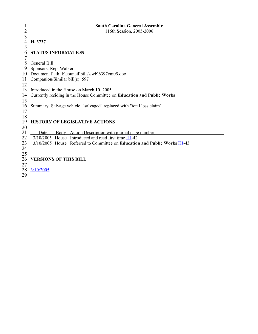 2005-2006 Bill 3737: Salvage Vehicle, Salvaged Replaced with Total Loss Claim - South Carolina