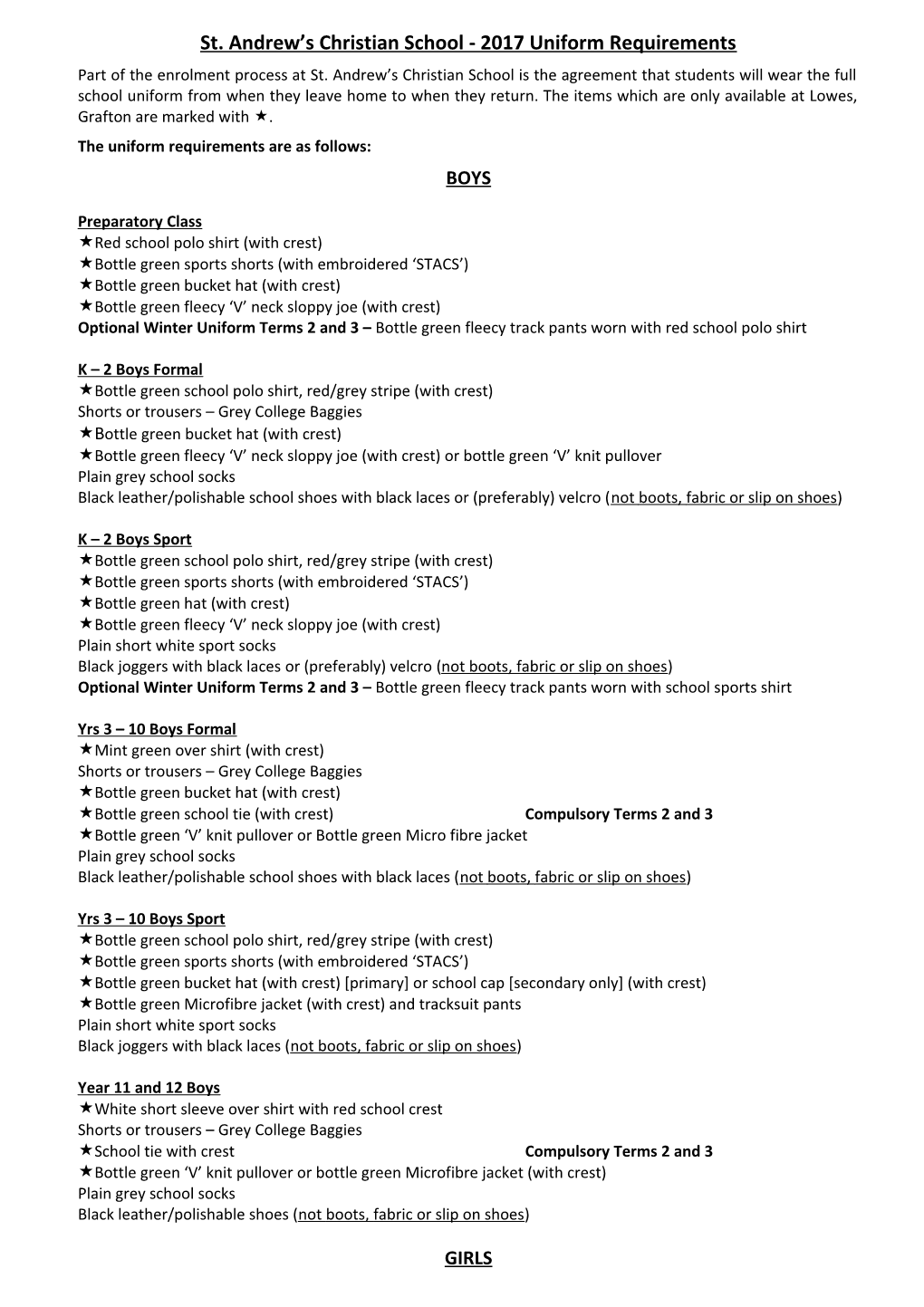 St. Andrew S Christian School - 2017Uniform Requirements