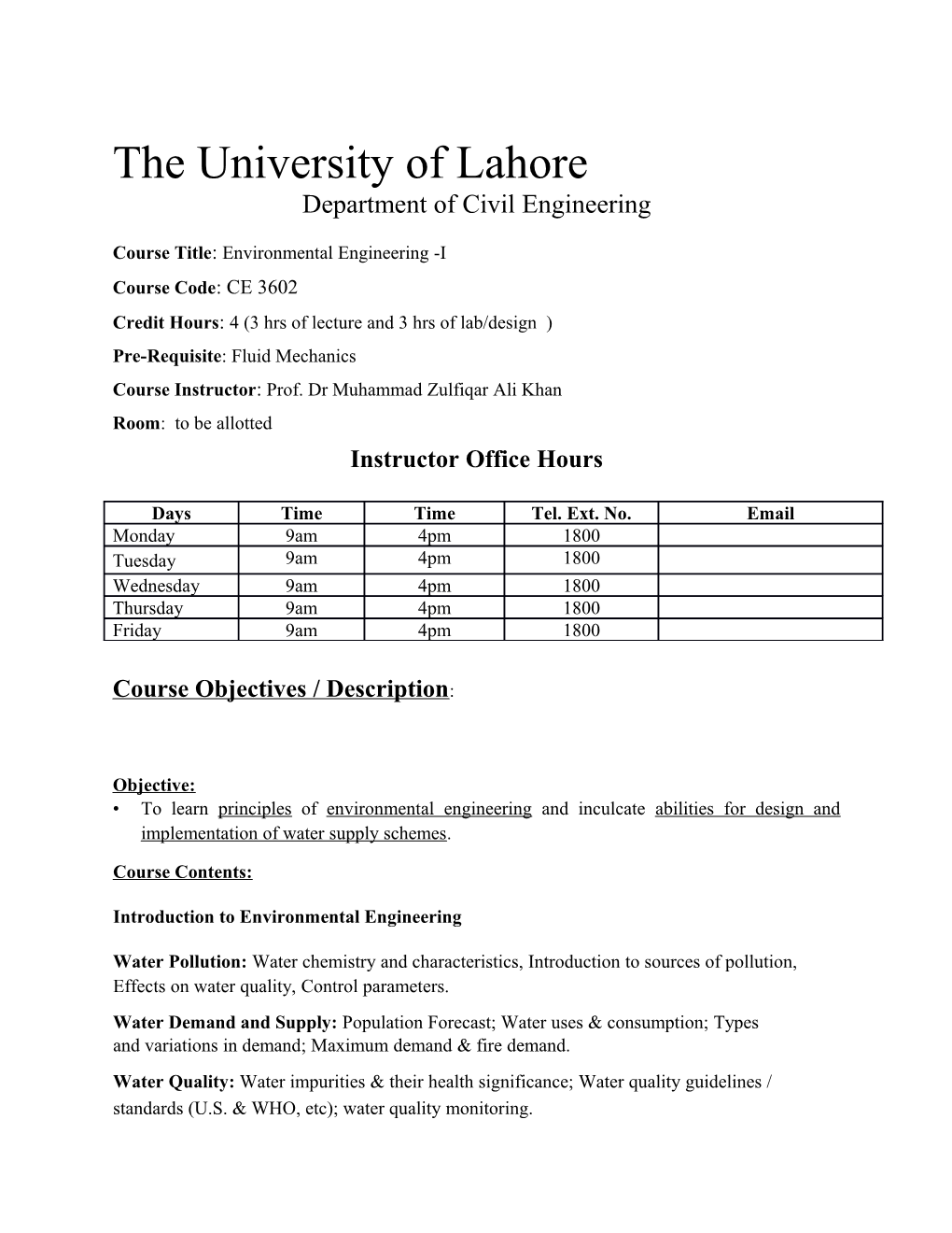 Course Title: Environmental Engineering -I