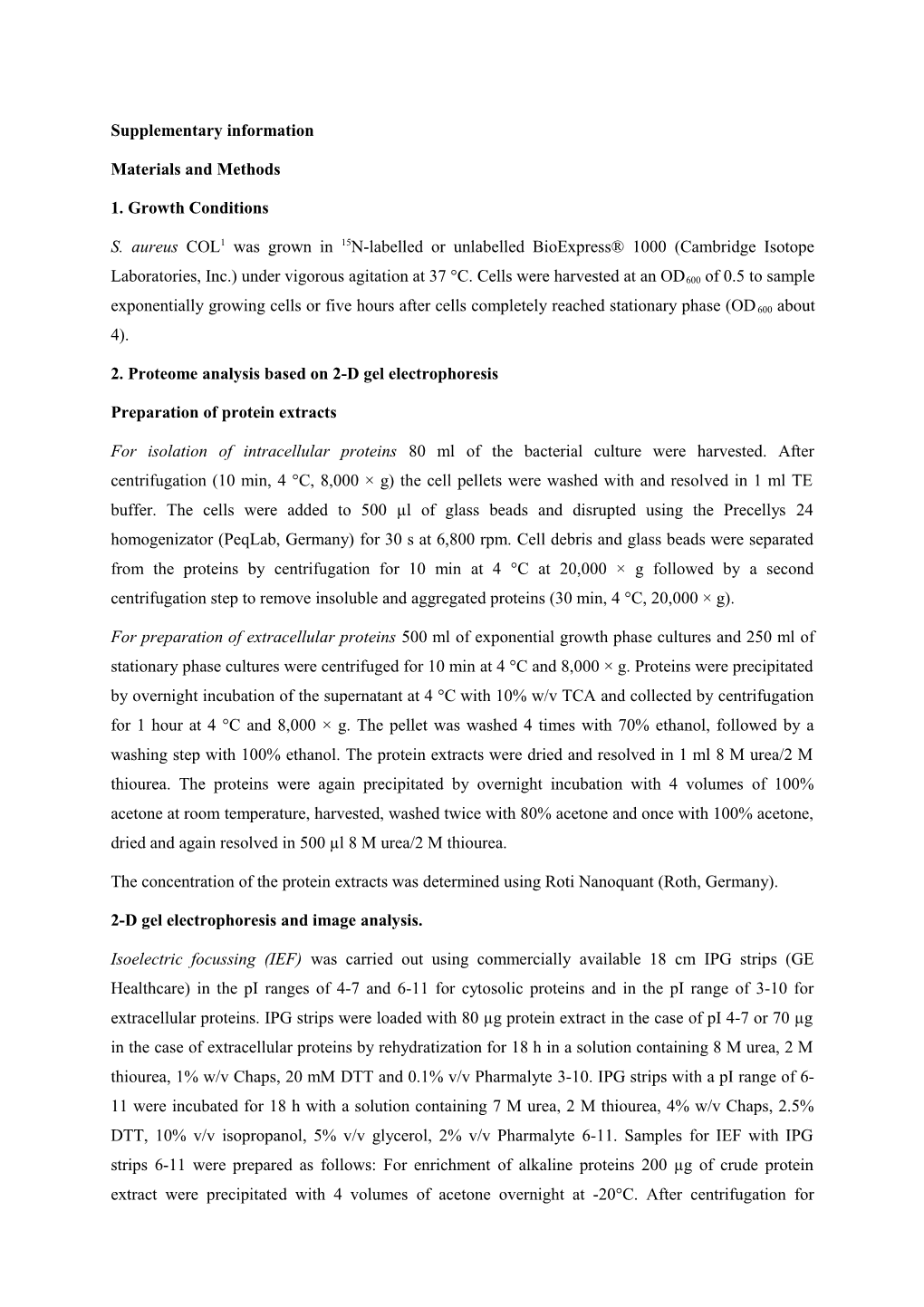 Culture Conditions for 2D Gel-Based Proteome Analysis