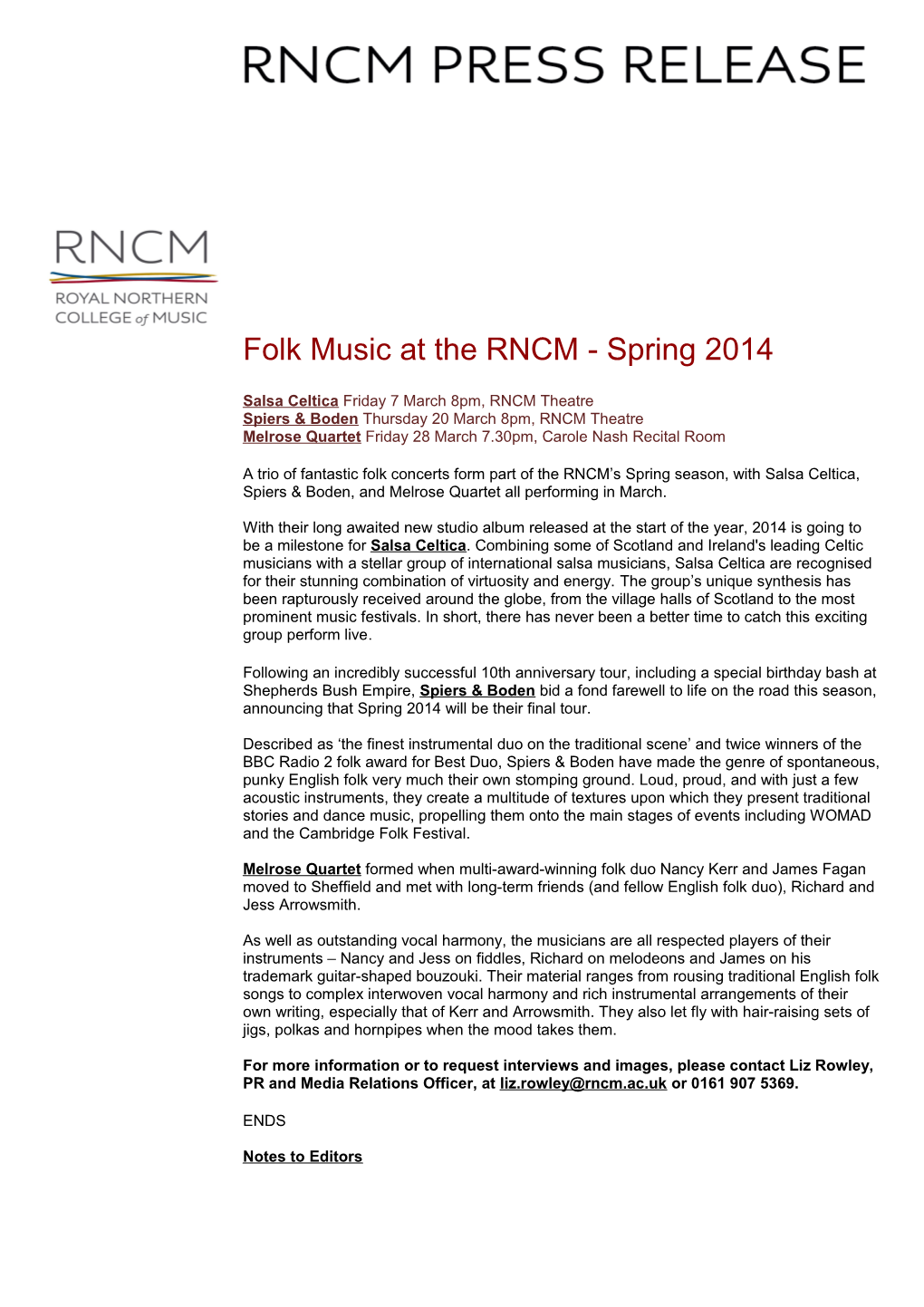 Folk Music at the RNCM - Spring 2014