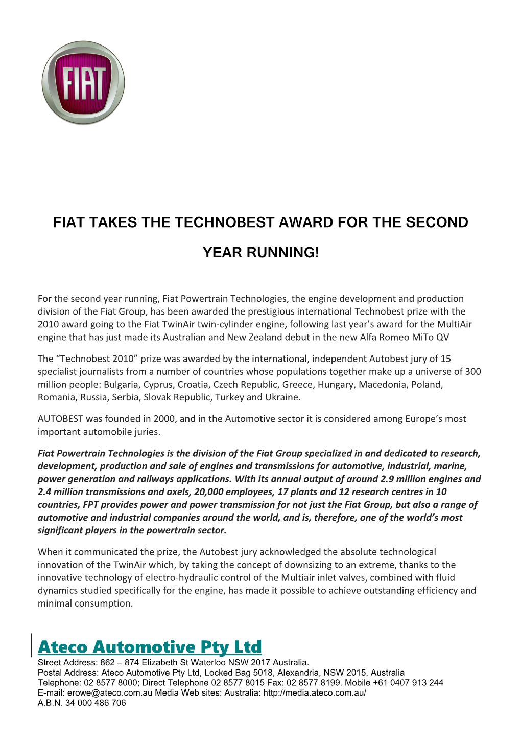 Fiat Takes the Technobest Award for the Second Year Running!