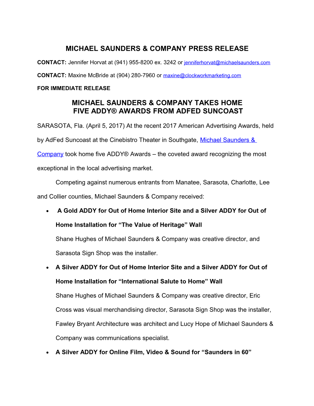 Michael Saunders & Company Press Release