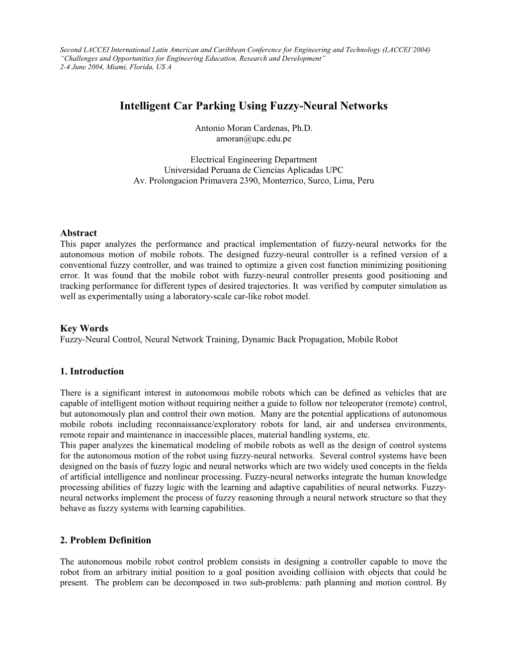 Intelligent Car Parking Using Fuzzy-Neural Networks