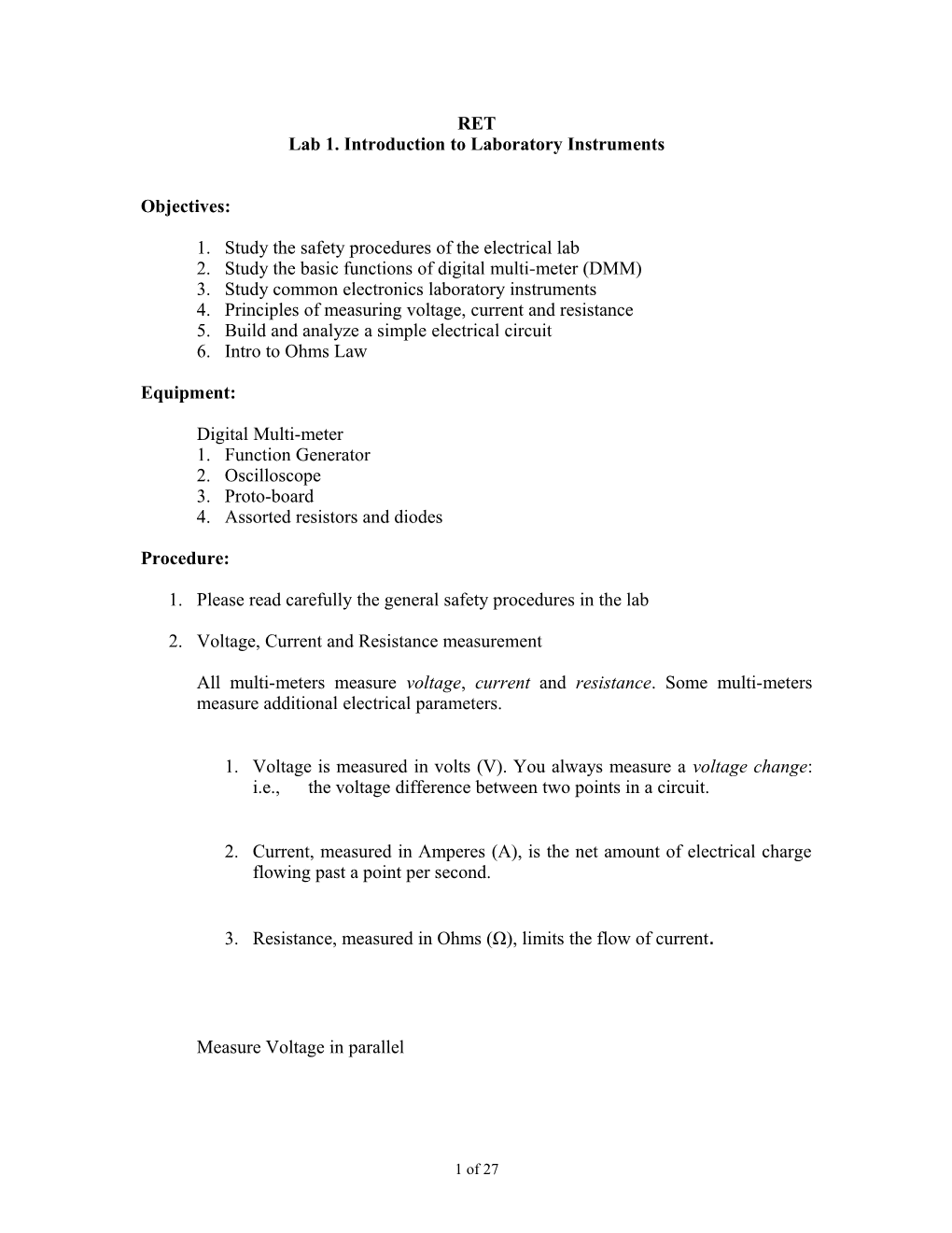 Lab 1 Introduction to Laboratory Instruments