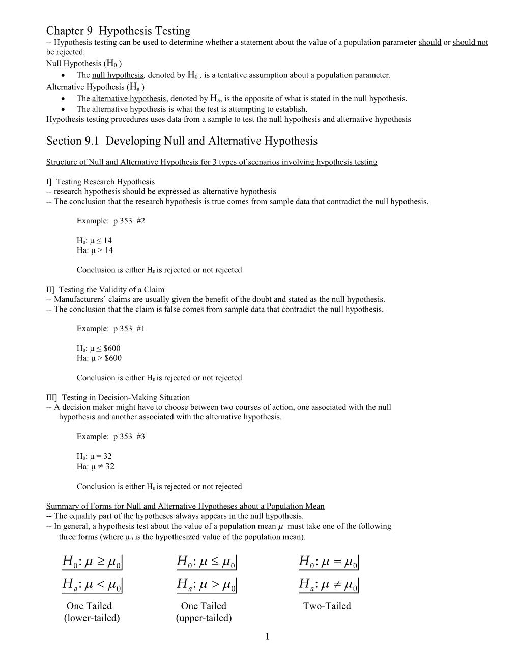 Chapter 9 Hypothesis Testing