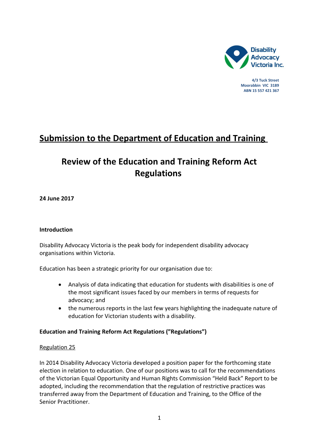 Submission to the Department of Education and Training