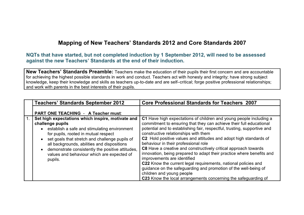 Mapping Exercise 2012 Teachers Standards Against the 2007 Core Standards