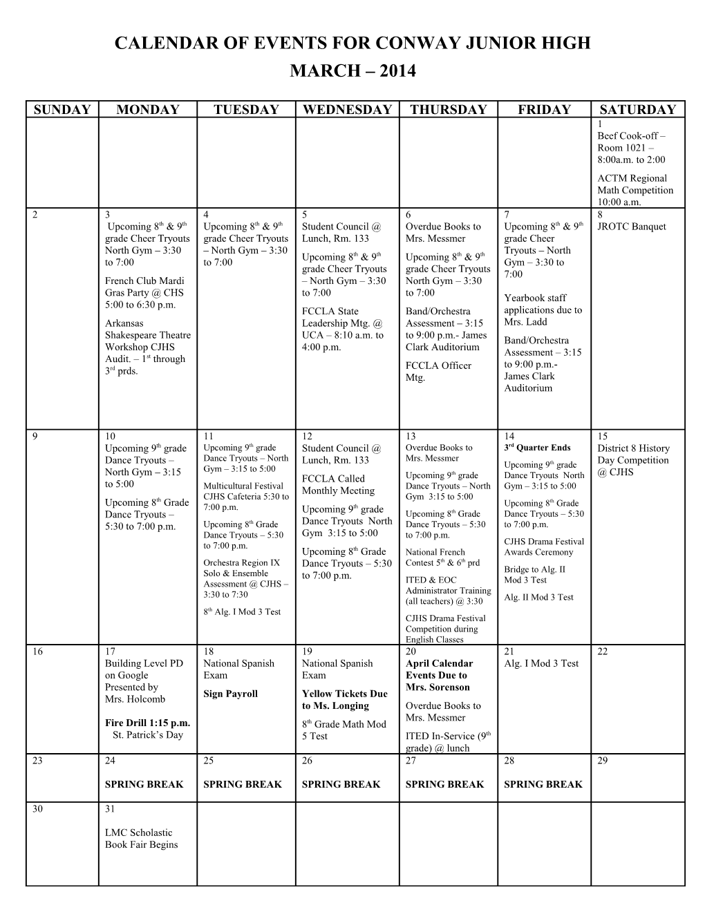 Calendar of Events for Chs-East Campus