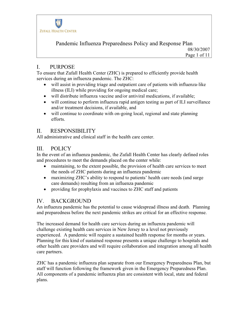 Pandemic Influenza Preparedness Policy and Response Plan