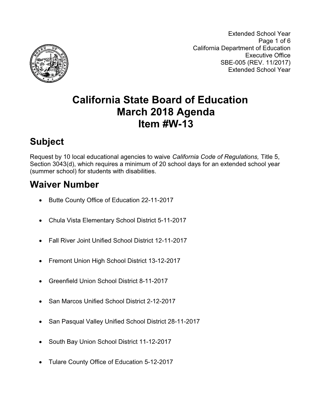 March 2018 Waiver Item W-13 - Meeting Agendas (CA State Board of Education)