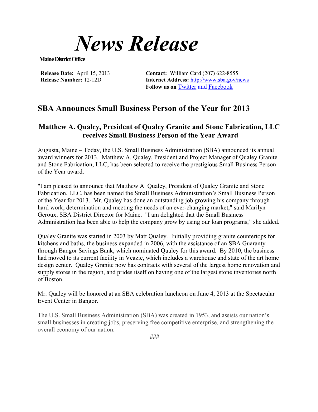 SBA Announces Small Business Person of the Year for 2013