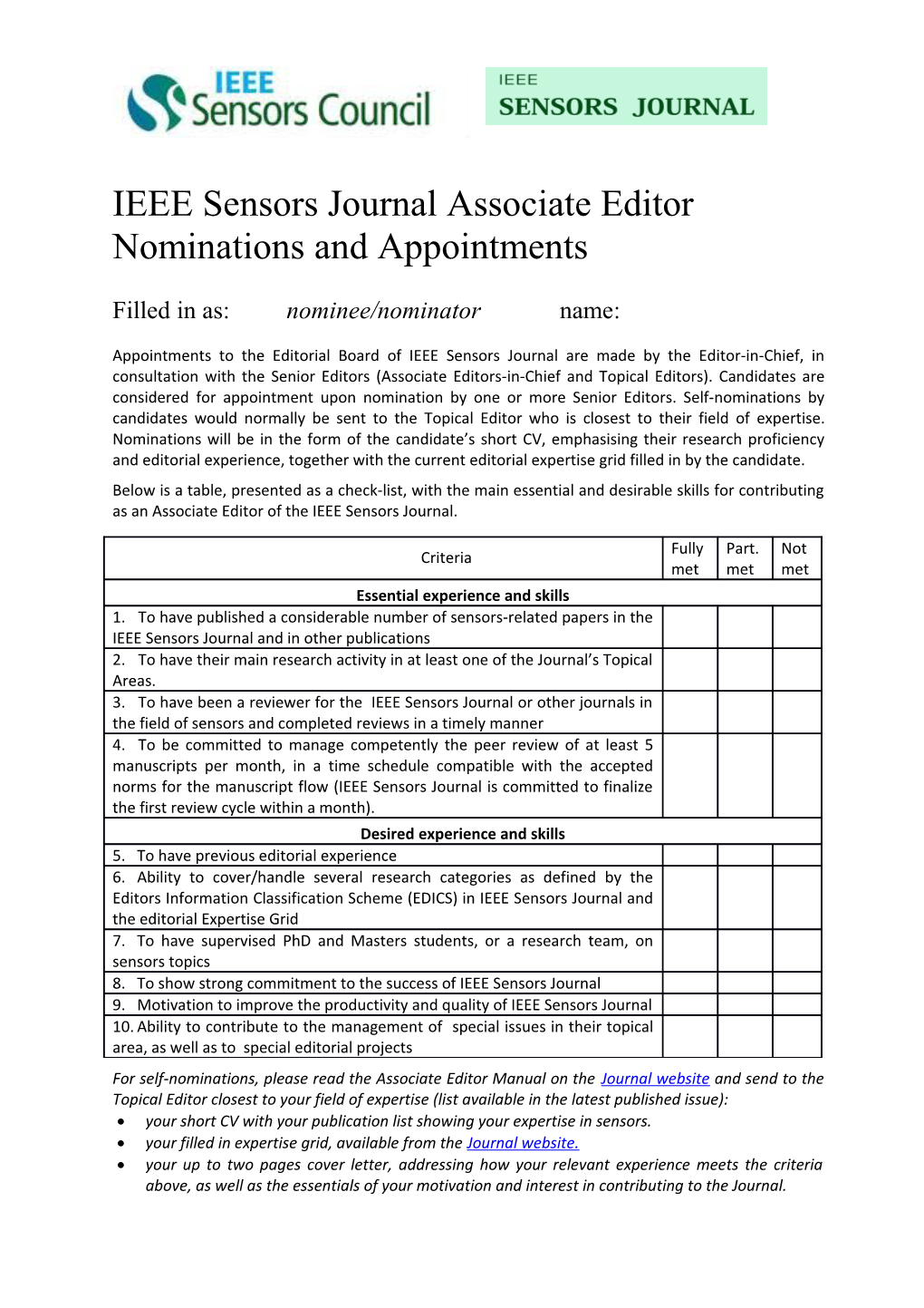 IEEE Sensors Journal Associate Editor Nominations and Appointments