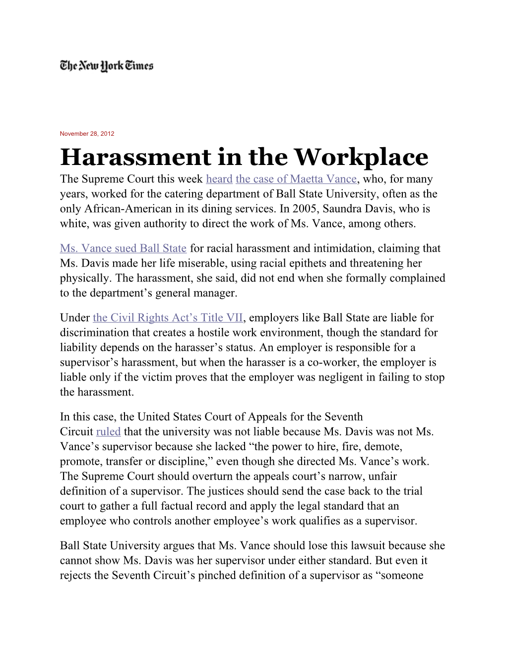 Harassment in the Workplace