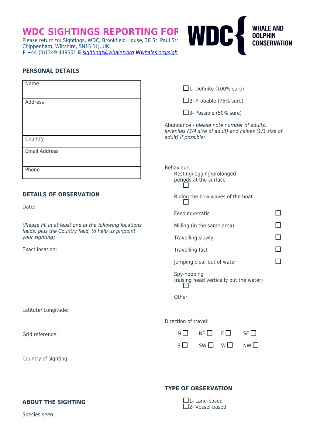 WDCS Sightings Reporting Form- NE Atlantic