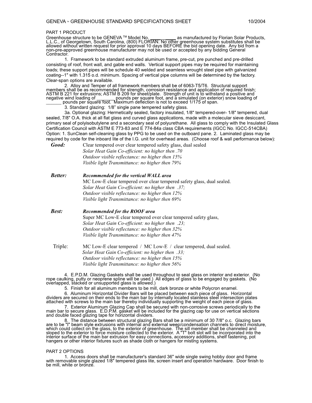 Geneva Tm Greenhouse Standard Specifications Sheet