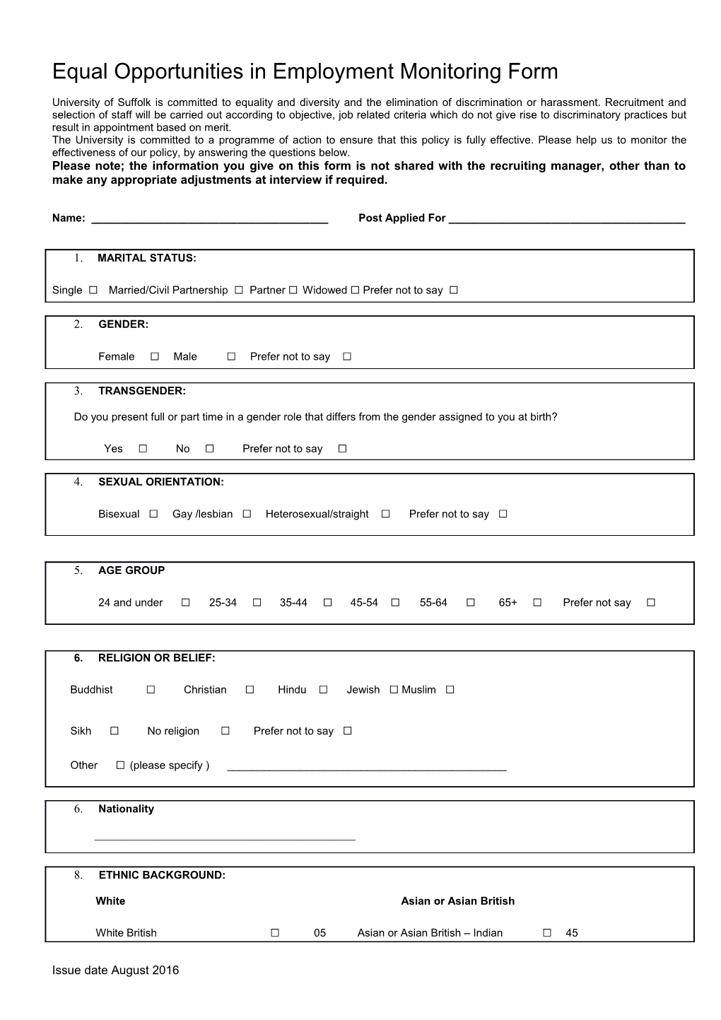Employment Application Cover Sheet