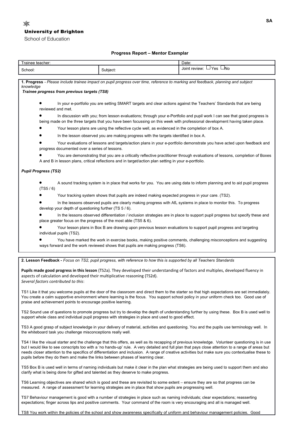 Progress Report Mentor Exemplar