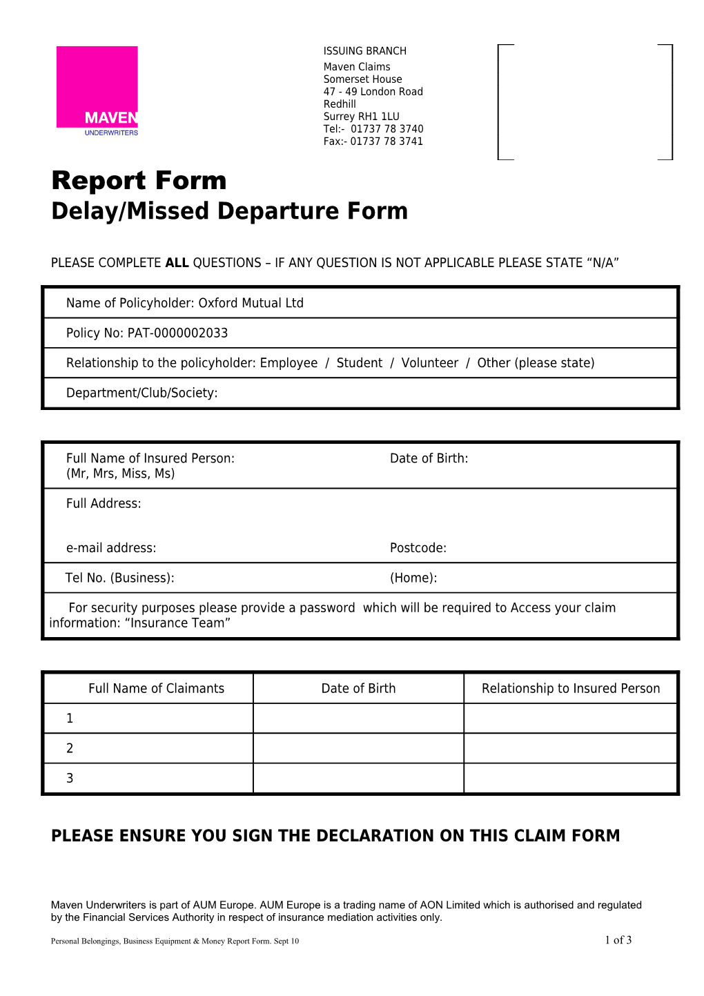 Delay/Missed Departure Form