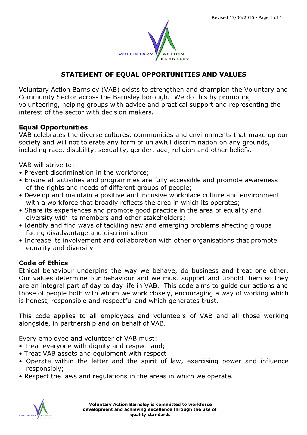 Statement of Equal Opportunities and Values