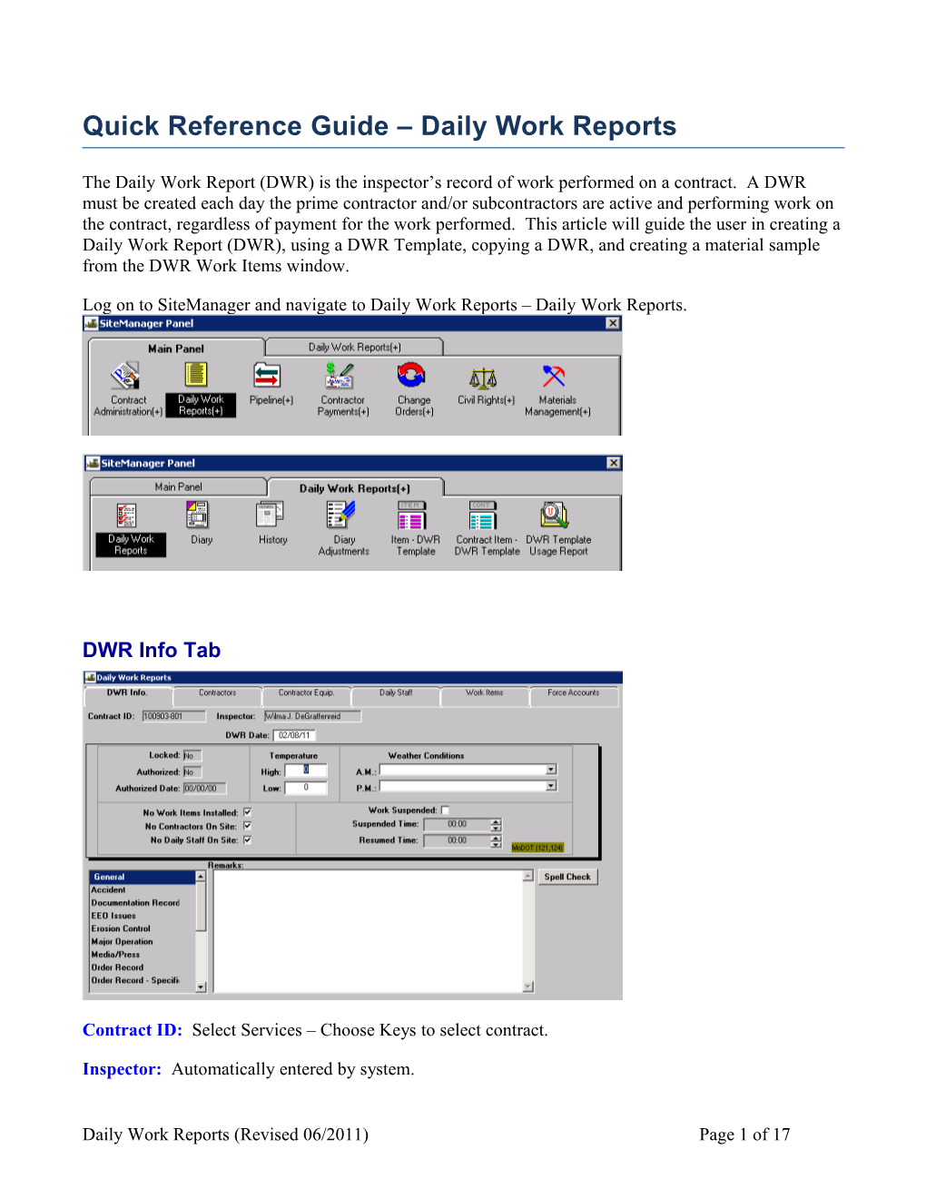 Quick Reference Guide Daily Work Reports