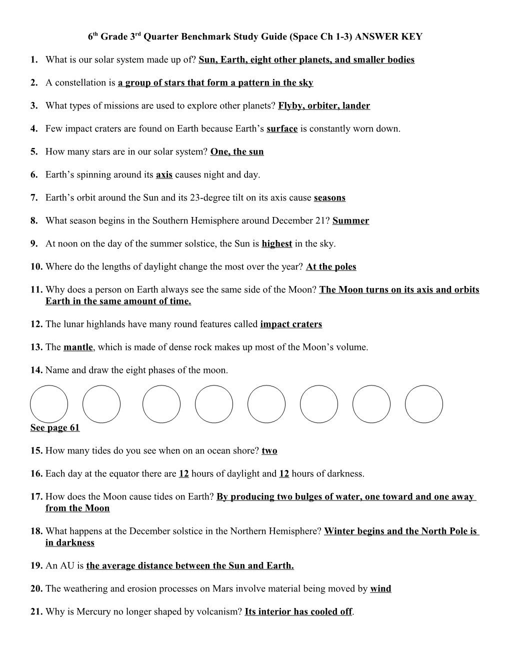 6Th Grade 3Rd Quarter Benchmark Study Guide (Space Ch 1-3) ANSWER KEY