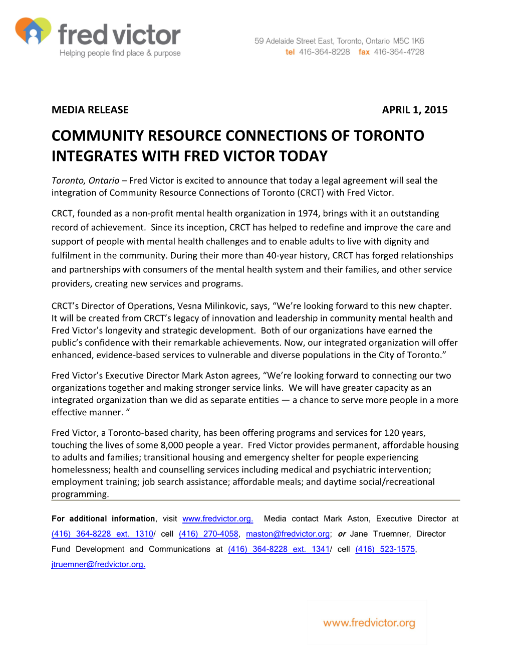 Community Resource Connections of Toronto Integrates with Fred Victor Today