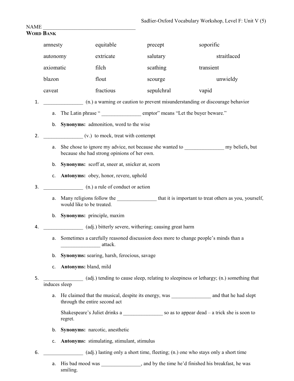 Sadlier-Oxford Vocabulary Workshop, Level F: Unit V (5)