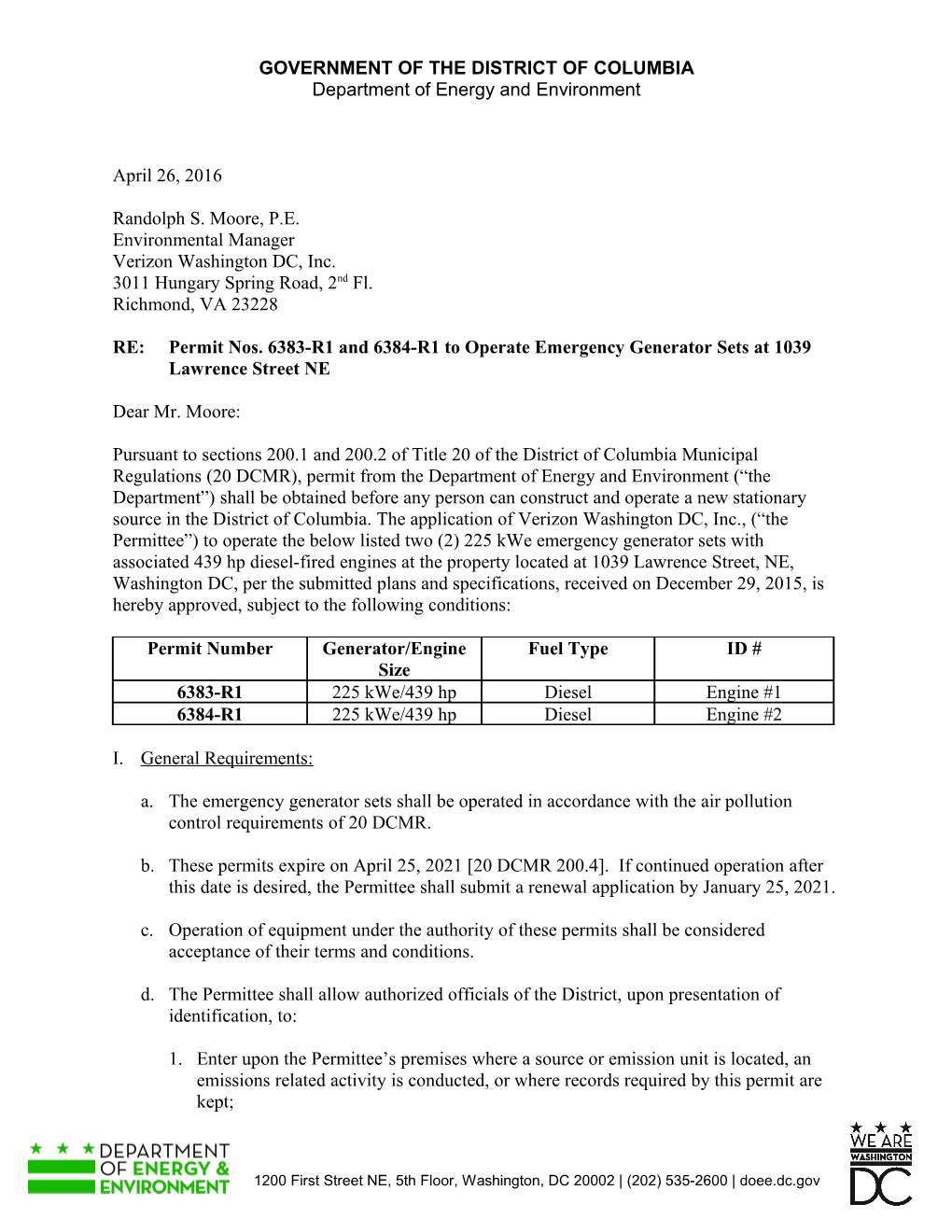 Permit Nos. 6383-R1and 6384-R1to Operate Emergency Generator Sets at 1039 Lawrence Street NE