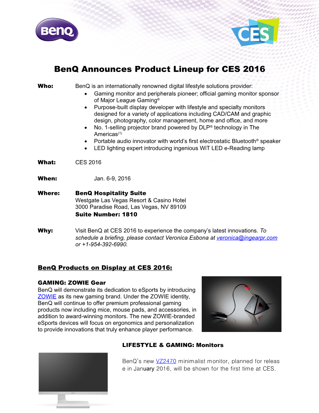 Benq Announces Product Lineup for CES 2016