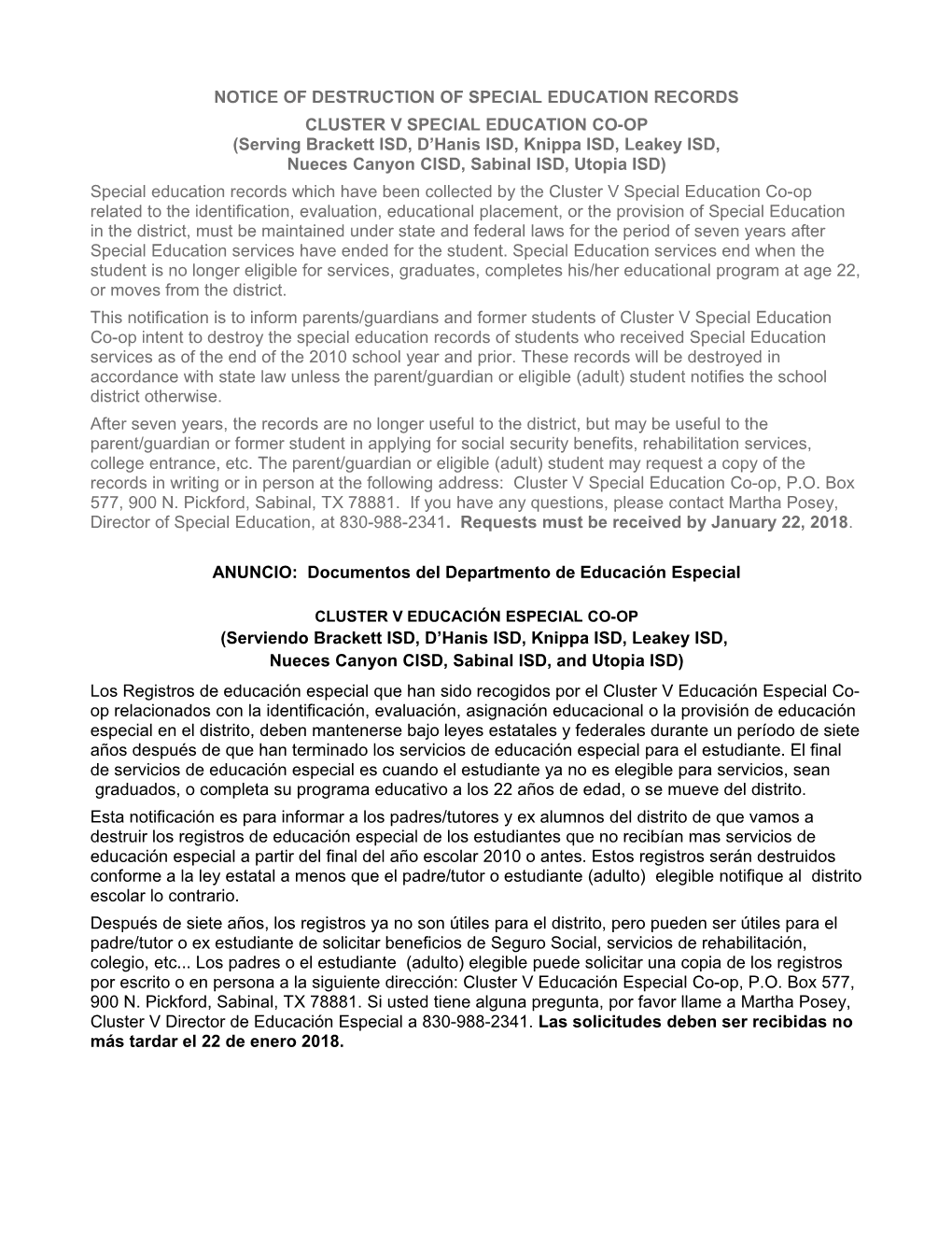 Notice of Destruction of Special Education Records