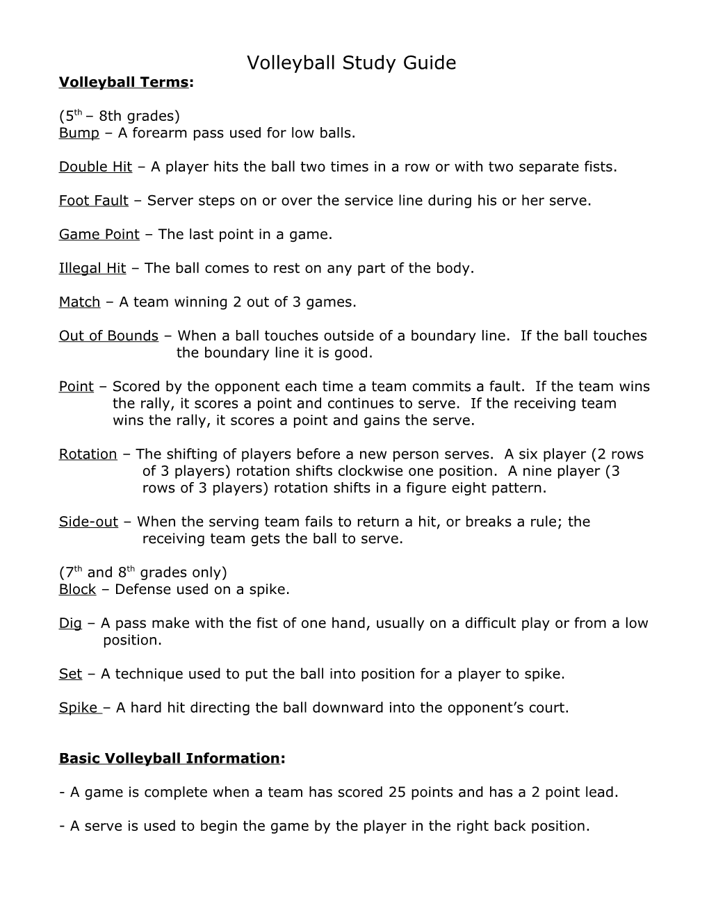 Volleyball Study Guide - 5Th and 6Th Grade