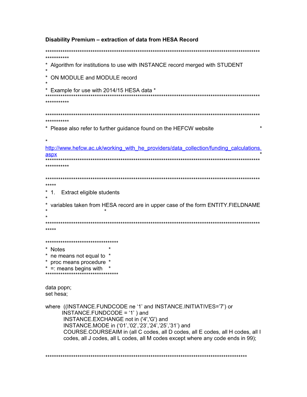 Disability Premium Extraction of Data from HESA Record