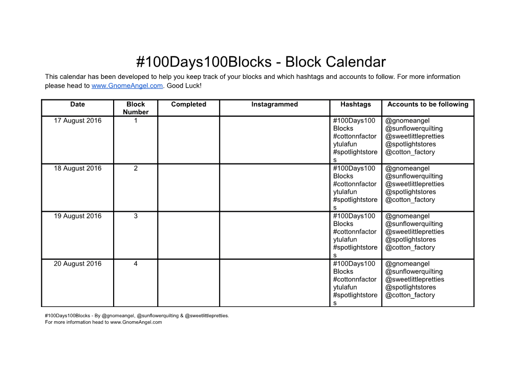 100Days100blocks - Block Calendar