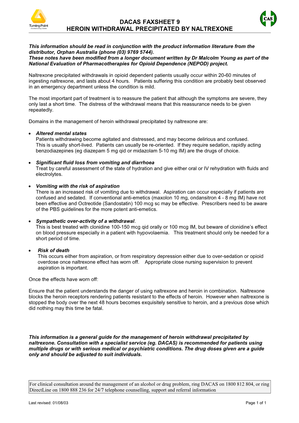 Heroin Withdrawal Precipitated by Naltrexone Dacas Fax Sheet #6