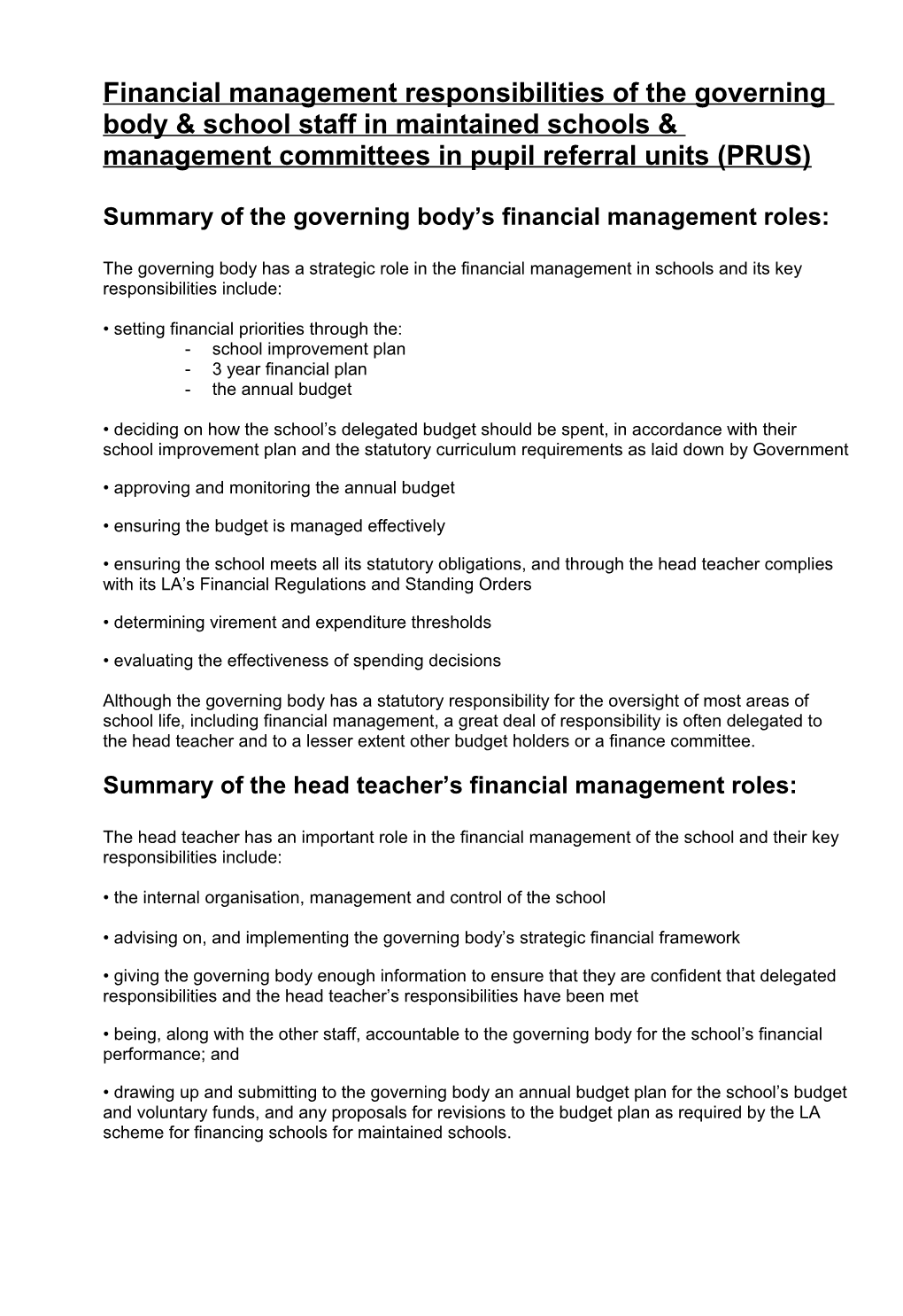 Financial Management Responsibilities of the Governing Body & School Staff in Maintained