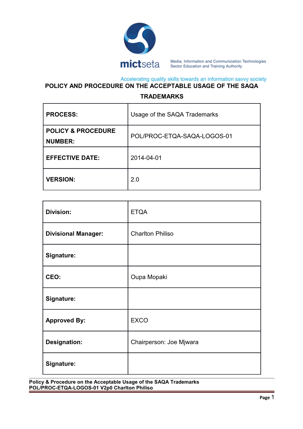 Policy and Procedures on the Acceptable Usage of the Saqa Trademarks and Holograms