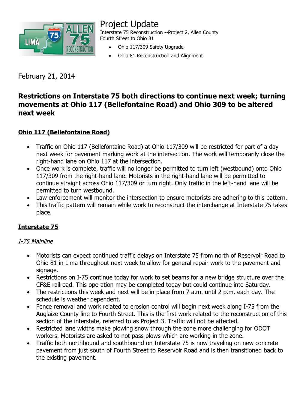 Interstate 75 Reconstruction Project 2, Allen County Fourth Street to Ohio 81