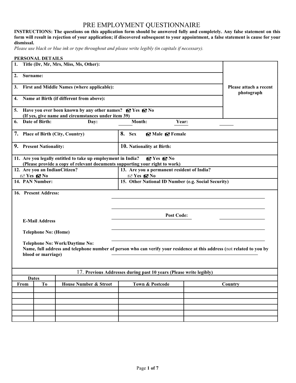 Security Questionnaire for Locally Engaged Staff