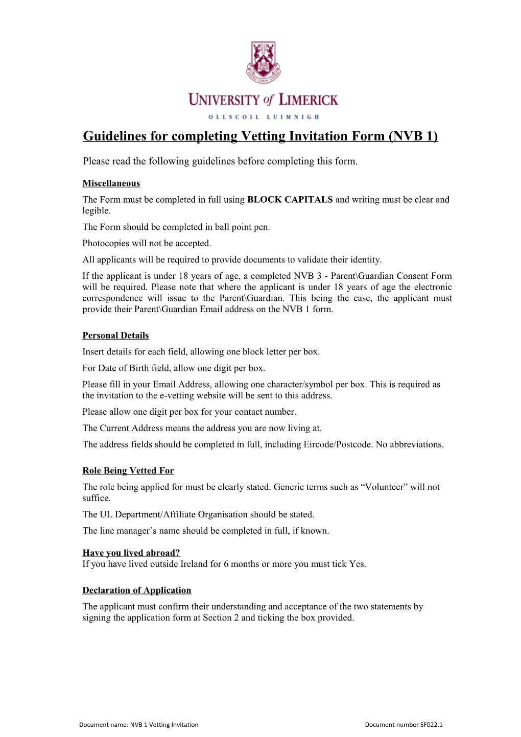 Guidelines for Completing Vetting Invitationform (NVB1)