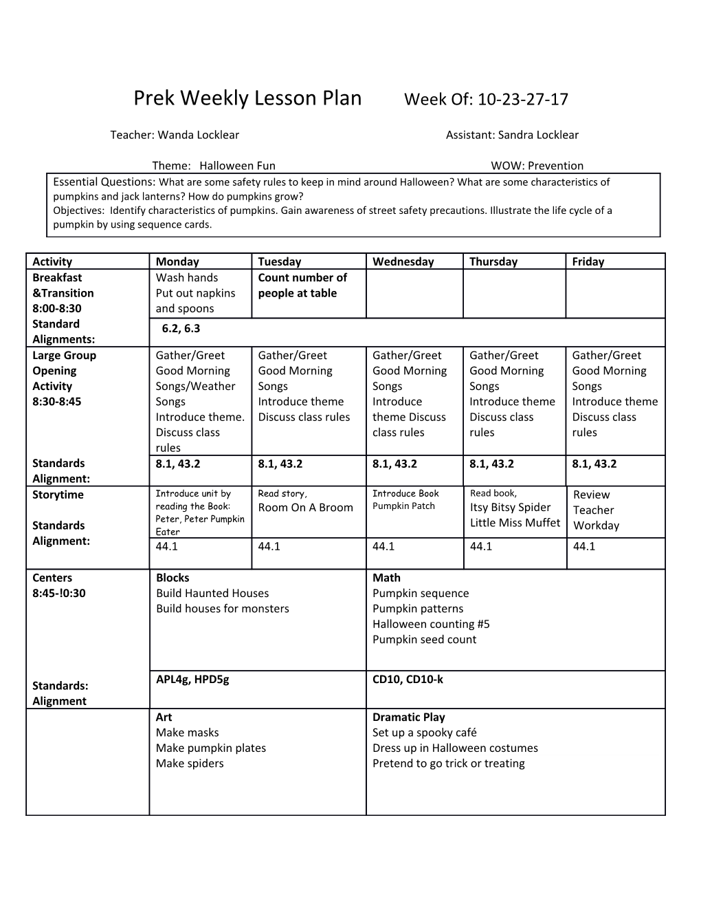 Prek Weekly Lesson Plan Week Of: 10-23-27-17