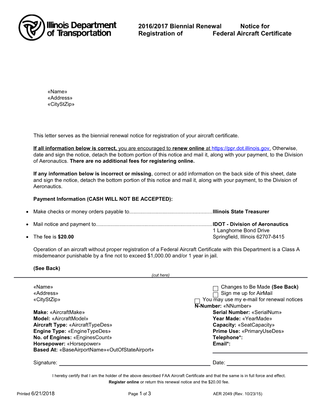 2016/2017 Biennial Renewal Notice for Registration of Federal Aircraft Certificate