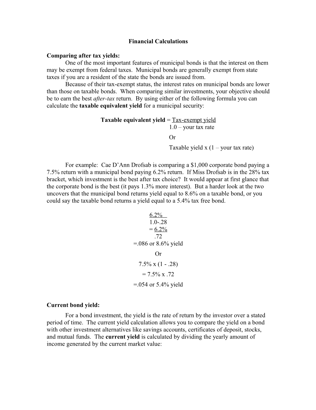 Comparing After Tax Yields