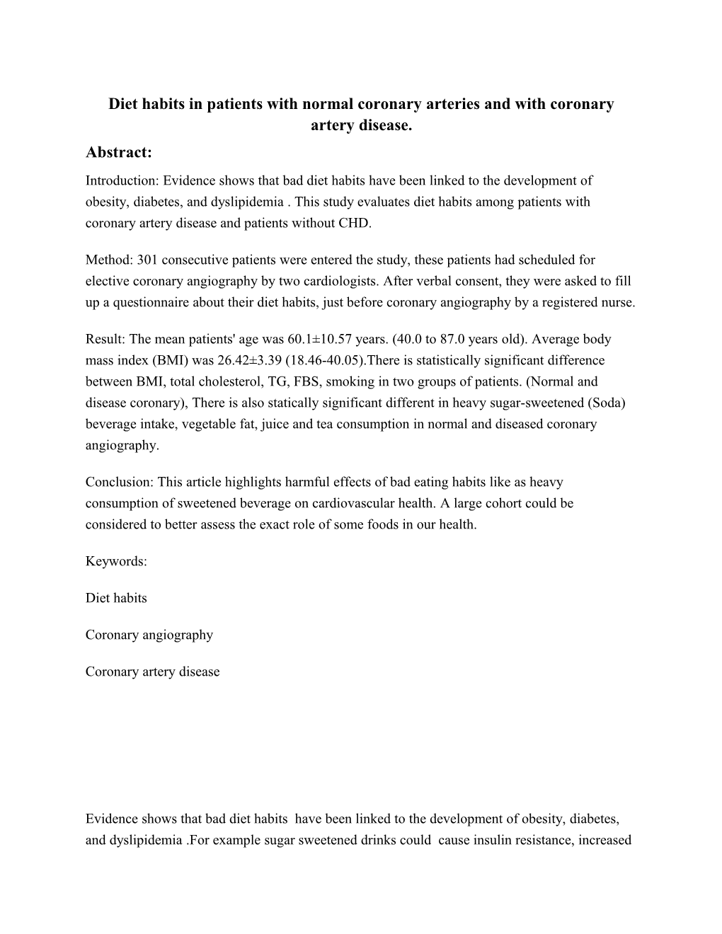 Diet Habits in Patients with Normal Coronary Arteries and with Coronary Artery Disease