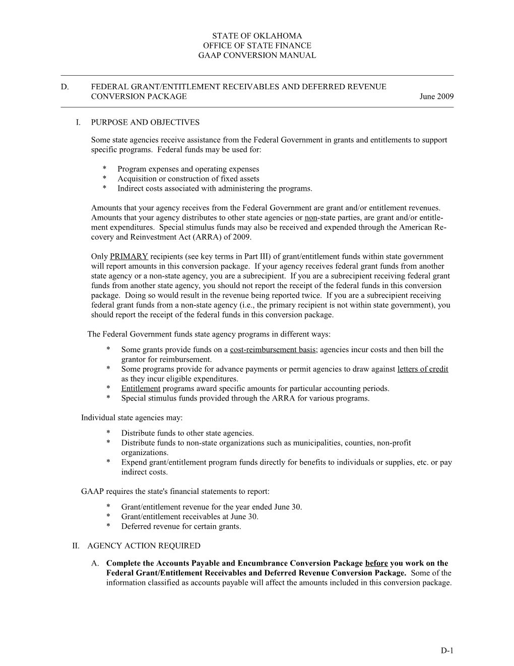 OSF Form D-1: Federal Grant/Entitlement Receivables and Deferred Revenue Conversion Package