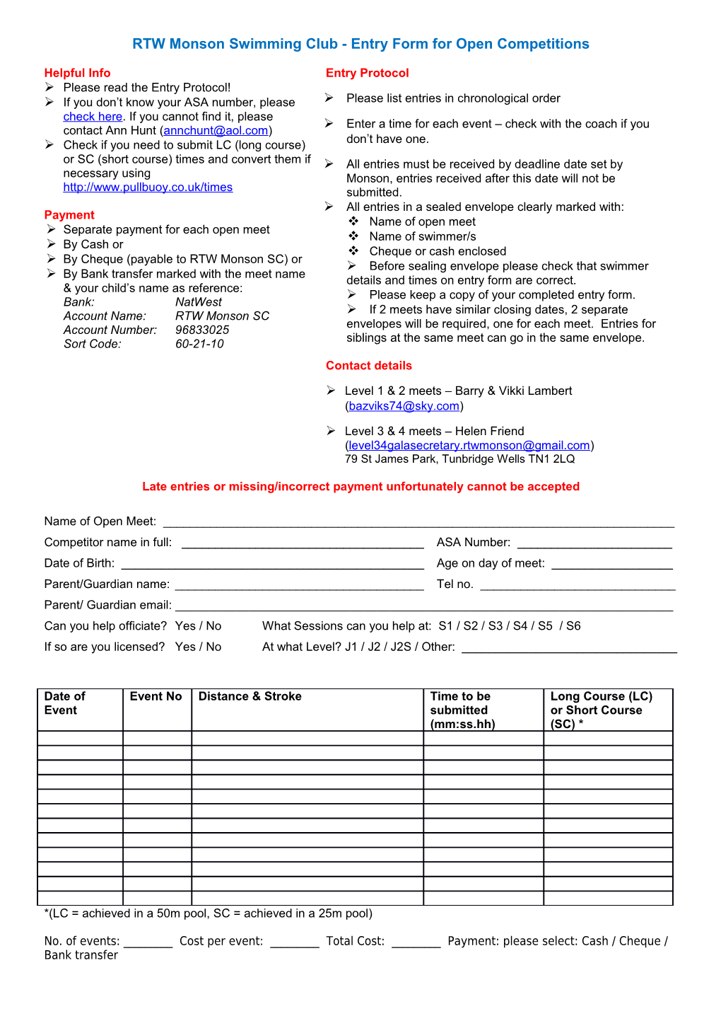 RTW Monson Swimming Club - Entry Form for Open Competitions