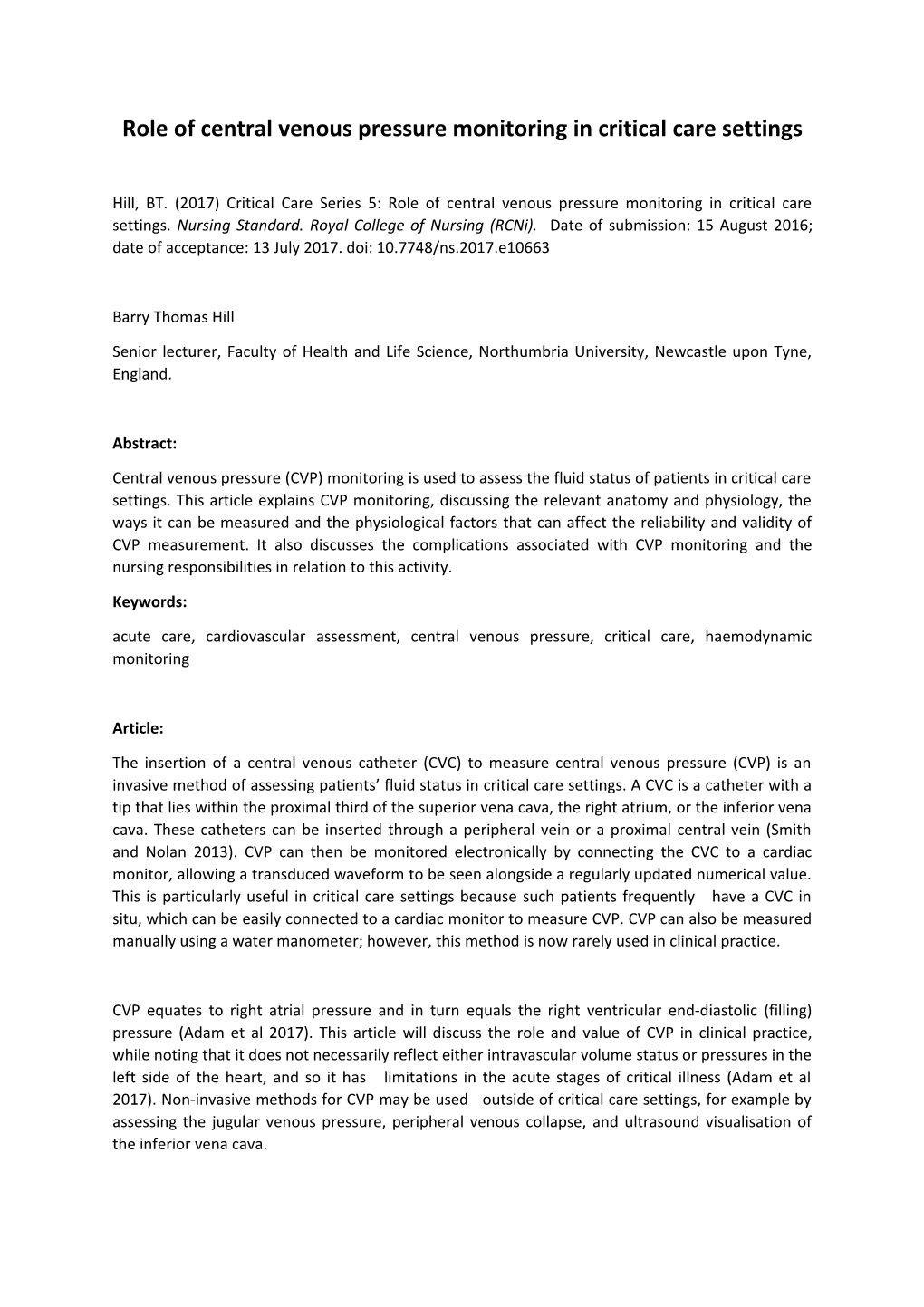 Role of Central Venous Pressure Monitoring in Critical Care Settings