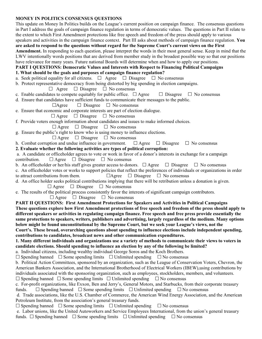 Money in Politics Consensus Questions