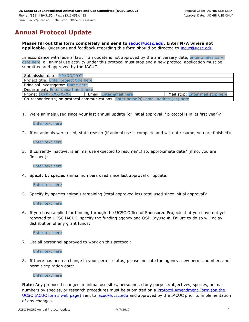 UCSC Animal Use Protocol Amendment