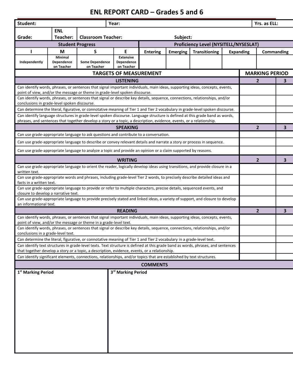 ENL REPORT CARD Grades 5 and 6